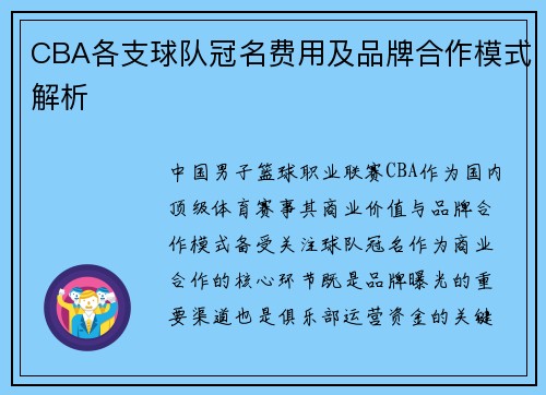 CBA各支球队冠名费用及品牌合作模式解析