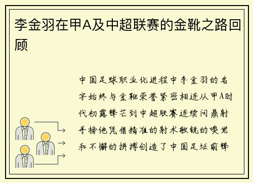 李金羽在甲A及中超联赛的金靴之路回顾