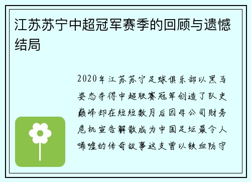 江苏苏宁中超冠军赛季的回顾与遗憾结局
